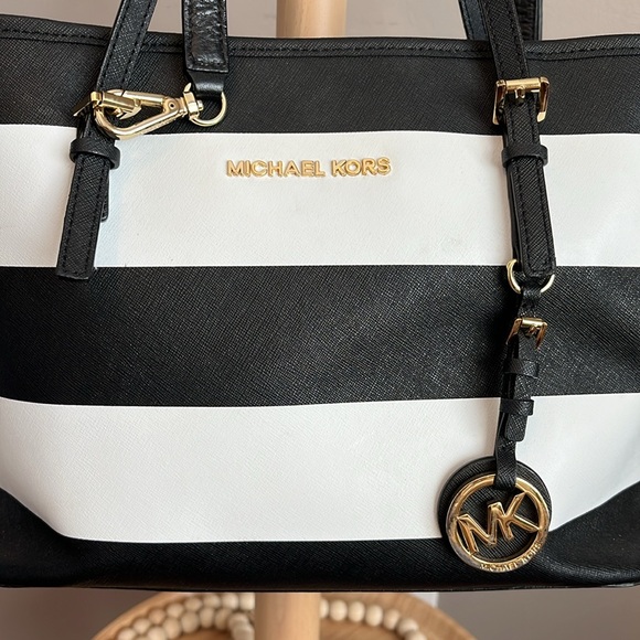 Michael Kors Black and White Striped Tote Bag - Picture 3 of 8